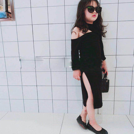 Spring and summer girls'' off shoulder dress children''s fashion children''s skirt bottomed skirt
