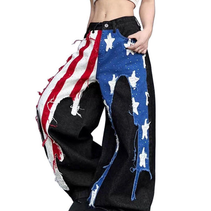Womens American-style Washed Striped Heat-pressed Patch Jeans