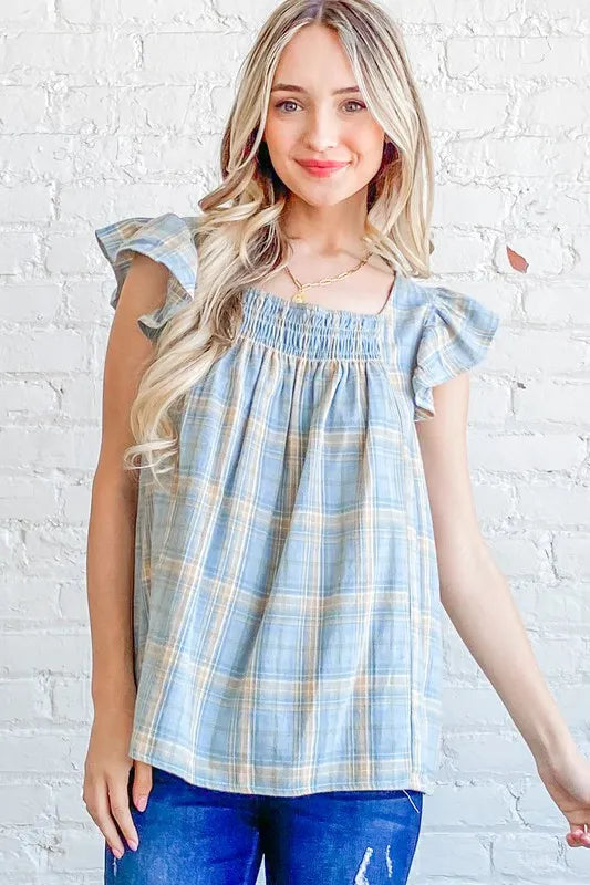 And The Why Plaid Print Smocked Detail Ruffle Baby Doll Top