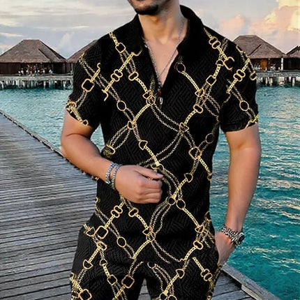 Men's Summer Fashion 3D Printed Short Sleeve Geometric Zip Lapel Shirt Set