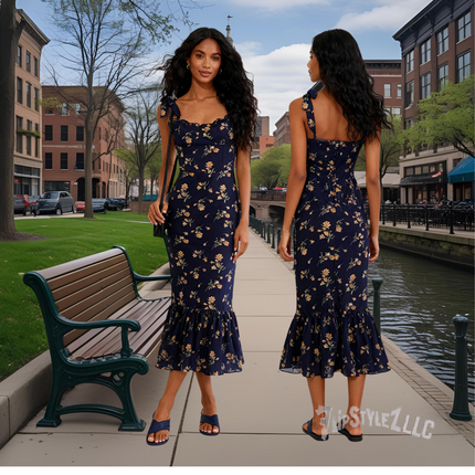 NEW  SPRING PRETTY DARK BLUE Floral PRINT SHOULDER STRAP Slim Dress FOR WOMEN