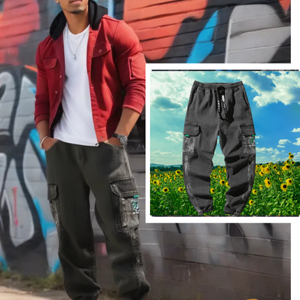 Men's Black Urban Style Street Retro Tooling Loose Plus Size Pants