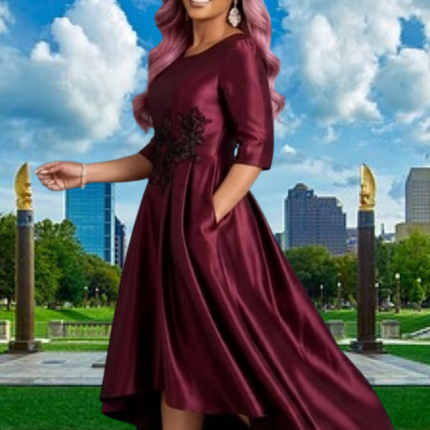FLIPSTYLEZ LLC. Burgundy Floral Embroidered Satin Gown | Long Evening Spring Maxi Dress for Casual Elegance