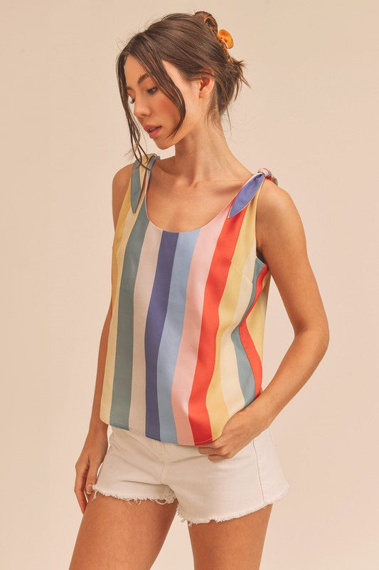 Aemi + Co Contrast Striped Scoop Neck Tie Shoulder Tank