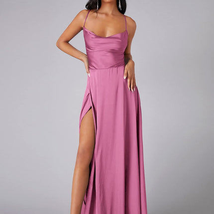 Women's Elegant Backless Split Maxi Dress – High Waist V-Neck Belted Gown