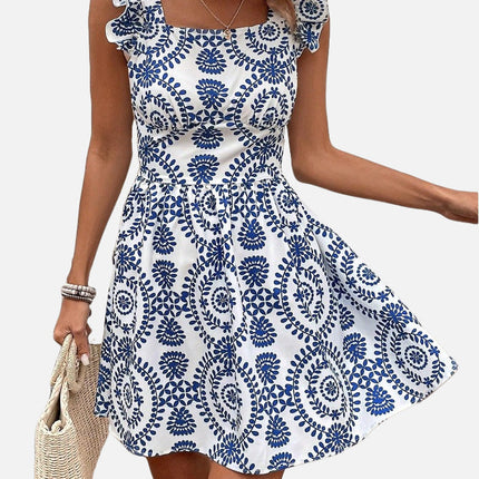 Printed Lace-up Back Backless Frill Holiday Dress