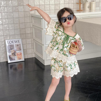 Girls' Summer Suits Sweet Lace Shirt Lace Shorts Two-piece Set