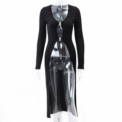 Sexy Black V-neck Low-cut Metal Buckle long summer Cardigan