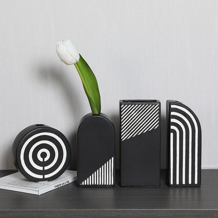 Black And White Striped Ceramic Dried Flower Vase Decorative Art Ornaments