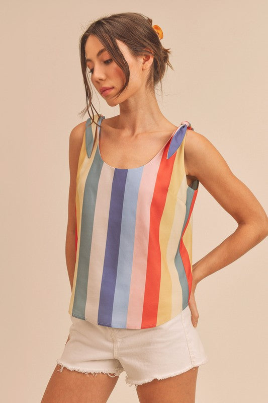 Aemi + Co Contrast Striped Scoop Neck Tie Shoulder Tank