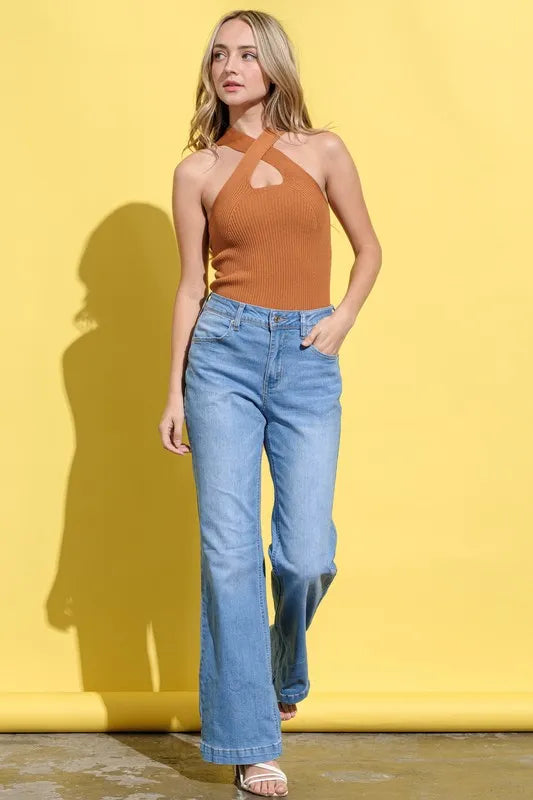 And The Why Basic Rib Cross Halter Neck Tank Top