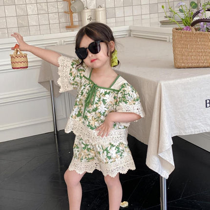 Girls' Summer Suits Sweet Lace Shirt Lace Shorts Two-piece Set