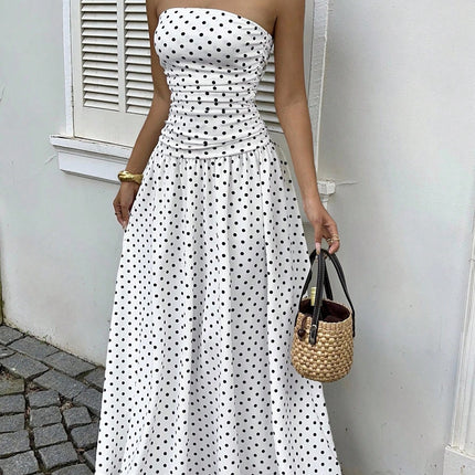 Elegant Off-Shoulder Polka Dot Dress – Strapless High-Waist Style