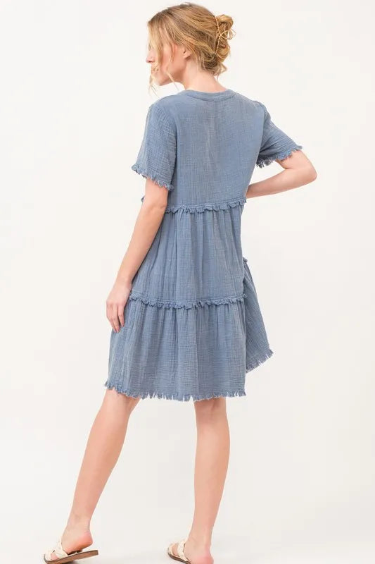 And The Why Washed Frayed Detail Tiered Dress
