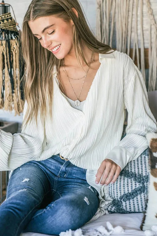 And The Why V Neck Pleated Long Sleeves Shirt