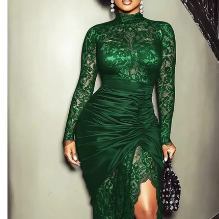 New Sexy luck green Mock Neck Ruched Slit Lace Dinner Party Maxi Dress