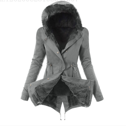 Fur collar drawstring solid color warm cotton coat