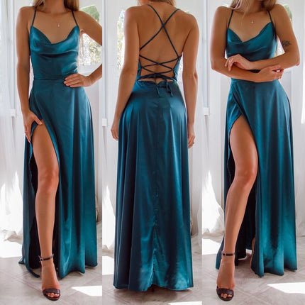 Women's Elegant Backless Split Maxi Dress – High Waist V-Neck Belted Gown