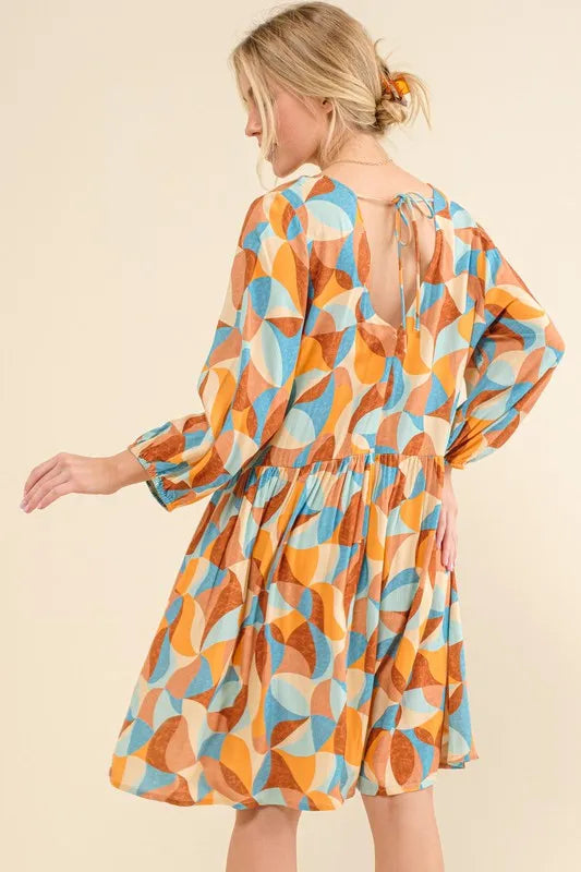 And The Why Printed Open Back Puff Sleeve Casual Dress