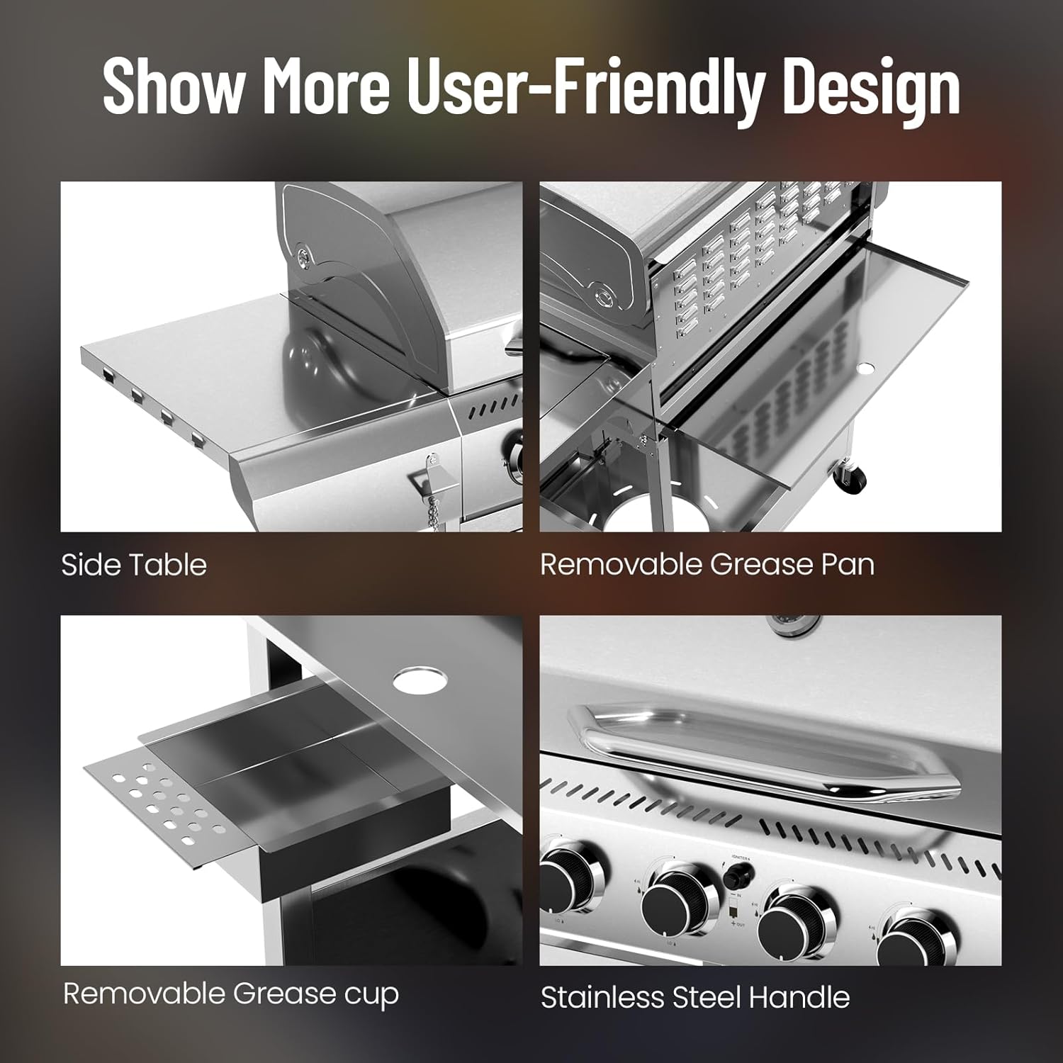 4-Burner BBQ Propane Gas Grill, 42,000 BTU Stainless Steel Barbecue Propane Grill with Side Burner G0141B