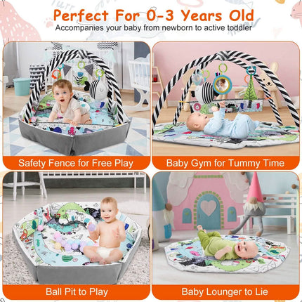 4-in-1 Baby Gym Play Mat Ball Pit with Pillow 18 Balls 9 Toys for 0-3 Years Old