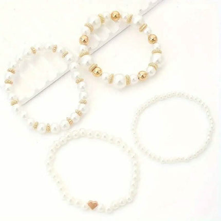 4-Pieces: Elegant White Faux Pearls Beaded Handmade Hand String Jewelry Set
