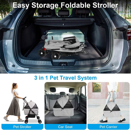 4 Wheels Pet Stroller Foldable with Removable Liner Storage Basket