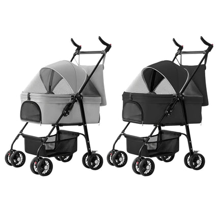 4 Wheels Pet Stroller Foldable with Removable Liner Storage Basket