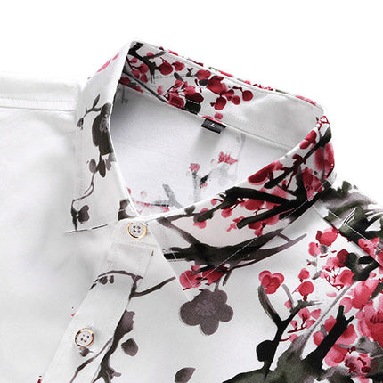 Men's Plus Size Satin Flower Long-sleeved Slim Fit Shirt