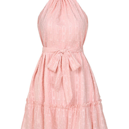 Solid Color Halterneck Dress Summer Casual Lace Tie Waist Womens Clothing New Fashion Vacation Beach Dresses