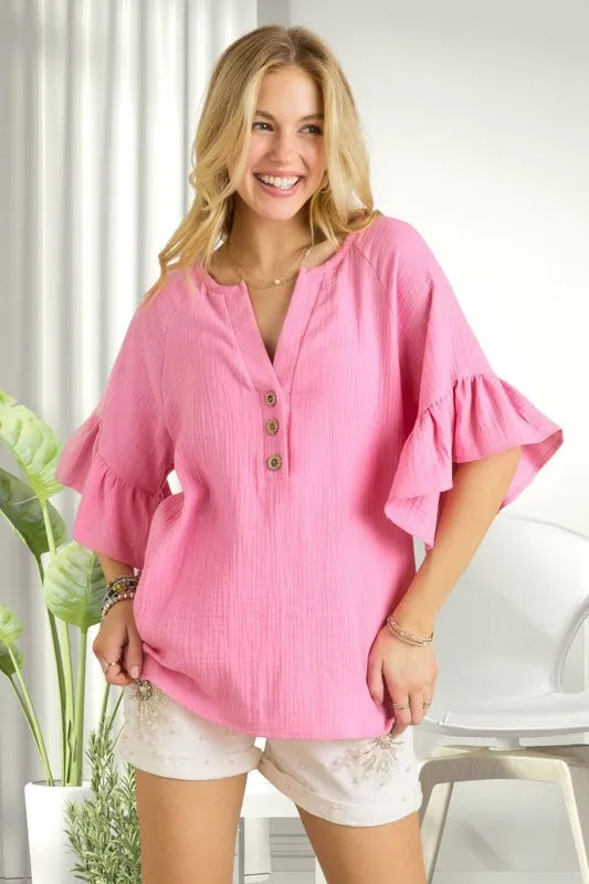ADORA Ruffle Sleeve Crinkle Top