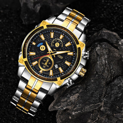 men''s watch fake three eyes luminous men''s watch fashion casual steel band waterproof watch t504g