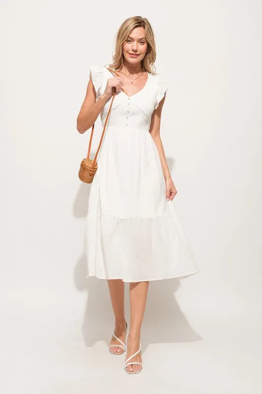 And The Why Ruffle Sleeve Front Smocked Tiered Midi Dress
