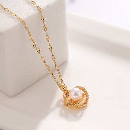 Titanium Steel Necklace Women''s Hollow Bird''s Nest Imitation Pearl Pendant