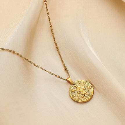 Stainless Steel Round Twelve Constellation Coin Relief Necklace
