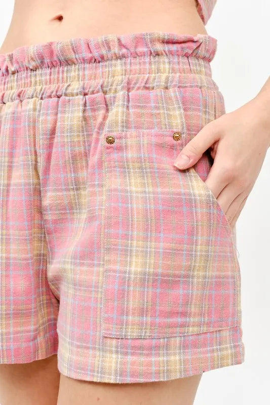 And The Why Plaid Print Smocked Detail Casual Shorts