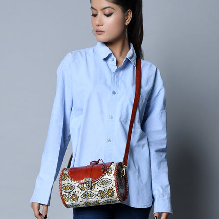 Cylindrical Block Printed Leather Bag