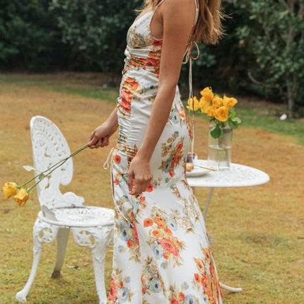 Printed Sling Back Tie Hem Slit Long Dress