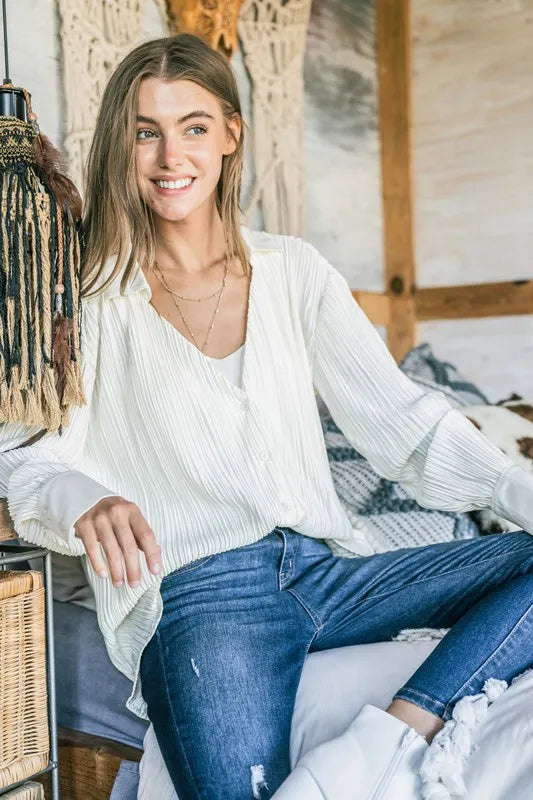 And The Why V Neck Pleated Long Sleeves Shirt