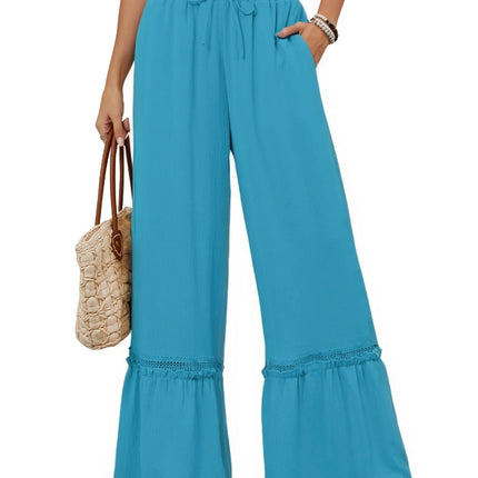 Solid Color High Waist Casual Pants Women's Drawstring Wide Leg Pants