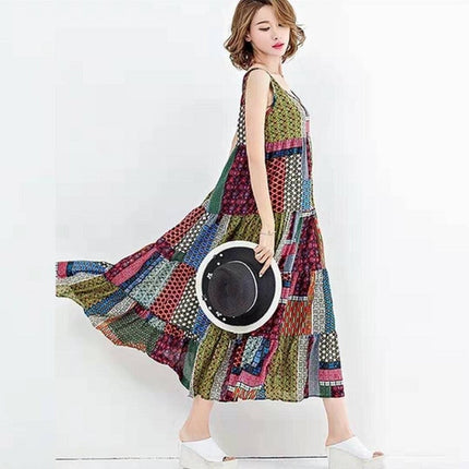 National style printed sleeveless plus size midi skirt