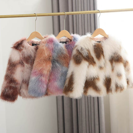 Girls' Woven Paint Contrast Fur Coat