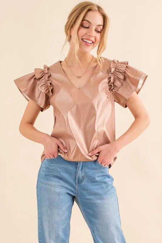 And The Why Faux Leather Ruffle Sleeves V Neck Top