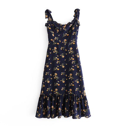 NEW  SPRING PRETTY DARK BLUE Floral PRINT SHOULDER STRAP Slim Dress FOR WOMEN