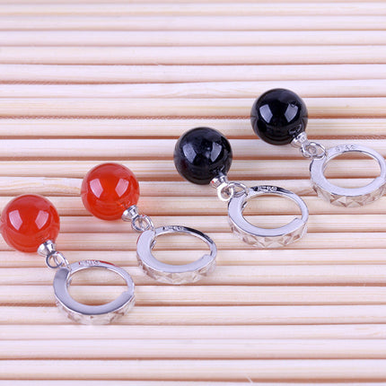 Women's natural black red onyx Korean version earrings silver-plated ear jewelry