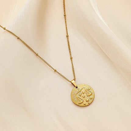 Stainless Steel Round Twelve Constellation Coin Relief Necklace