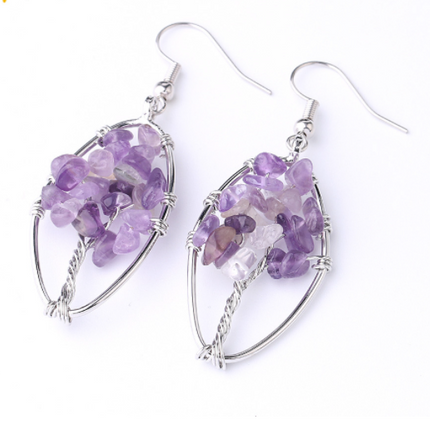 Natural Crystal Crushed Stone Earrings Handmade Tree Of Life Women's Turquoise