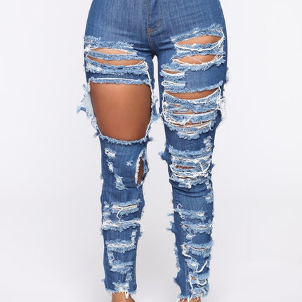 Women's Fashion Cut And Tear Stretchy Calf Jeans