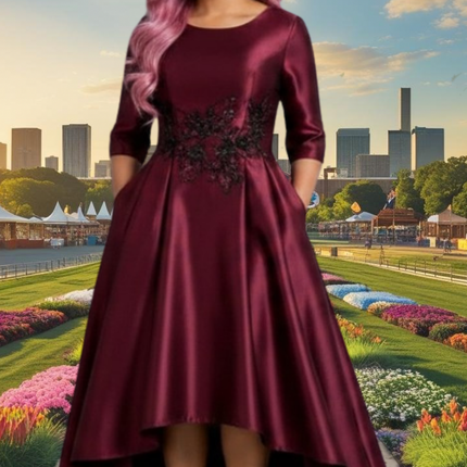 FLIPSTYLEZ LLC. Burgundy Floral Embroidered Satin Gown | Long Evening Spring Maxi Dress for Casual Elegance