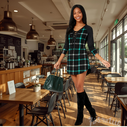 New cute Wine Red Spring And Autumn Printed Plus Size Long Sleeve Plaid Dress for young adult